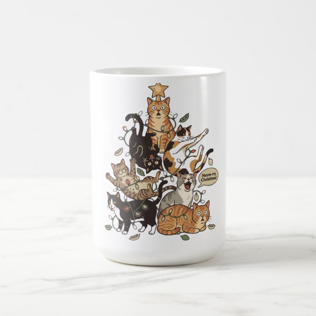 Funny Cats Christmas Tree Tangled Lights Holiday Coffee Mug (Center)