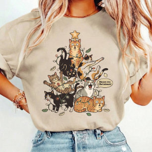 Funny Cats Christmas Tree Tangled Lights Holiday T-Shirt