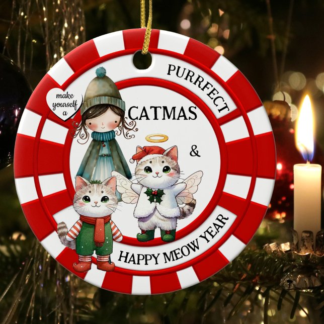 Funny Cats Crazy Cat Lady Cute Christmas Ceramic Tree Decoration (Colorful Christmas ornament featuring illustrations of a cute cat angel, kitty and crazy cat lady.)