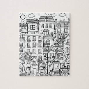 Funny Cats Detailed Town Black White Colouring Gif Jigsaw Puzzle