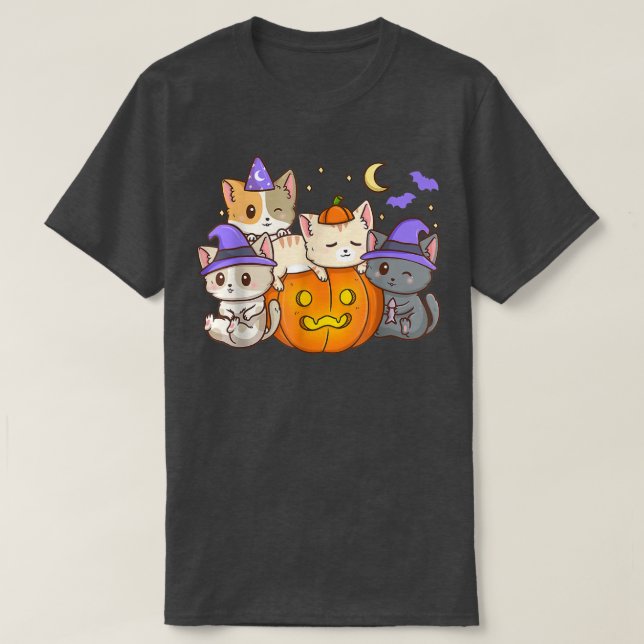 Funny Cats Halloween Anime Cat Kawaii Neko Pumpkin T-Shirt (Design Front)