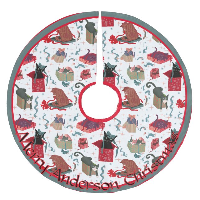 Funny Cats in Christmas Boxes Personalised  Brushed Polyester Tree Skirt (Front)