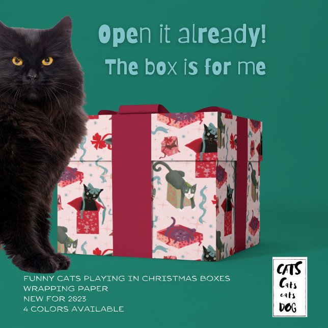 Funny Cats In Christmas Boxes Pink Red Green Wrapping Paper (Creator Uploaded)