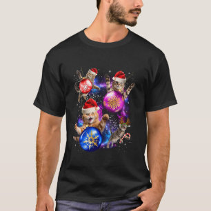 Funny Cats In Space With Ornaments Santa Hat Merry T-Shirt