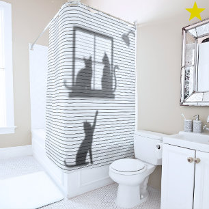Funny Cats In The Window Shadow Gray Stripe Shower Curtain