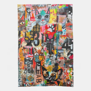 Funny Cats Mixed Media Paper Art Kitchen Towel