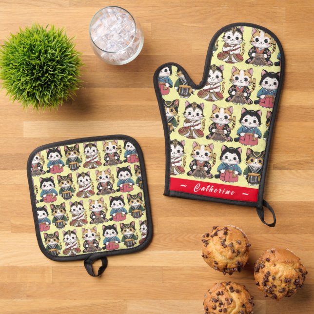Funny Cats National Costume (Personalised) Oven Mitt & Pot Holder Set (Top Down)