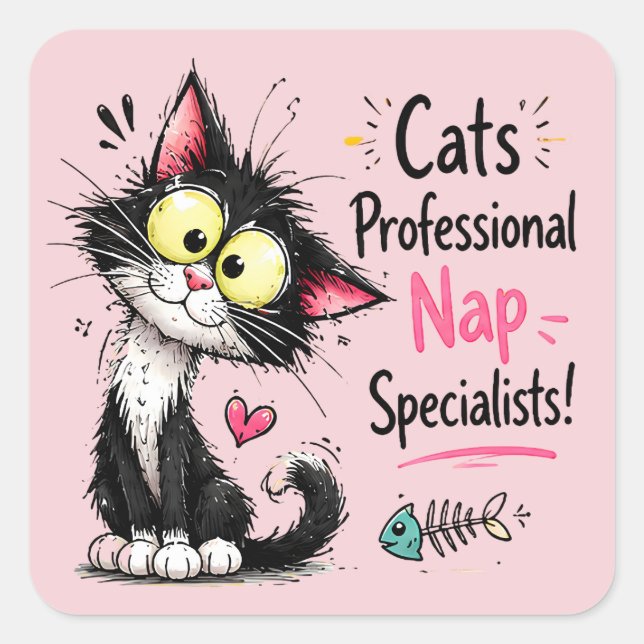 Funny Cats Professional Nap Specialists Cartoon Square Sticker (Front)