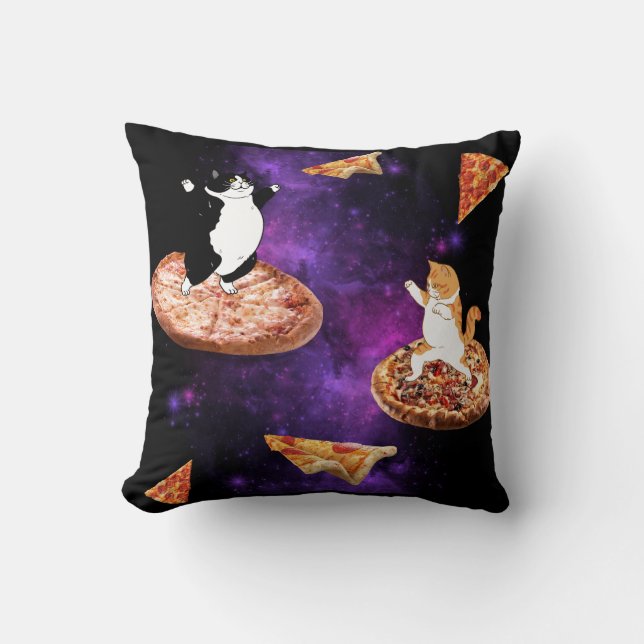 Funny cats riding pizza on space cushion (Front)