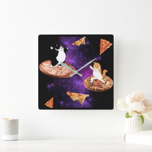 Funny cats riding pizza on space square wall clock