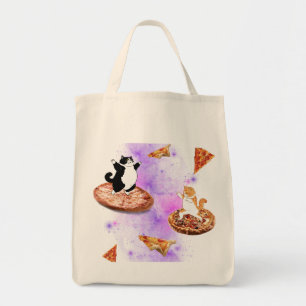 Funny cats riding pizza on space tote bag