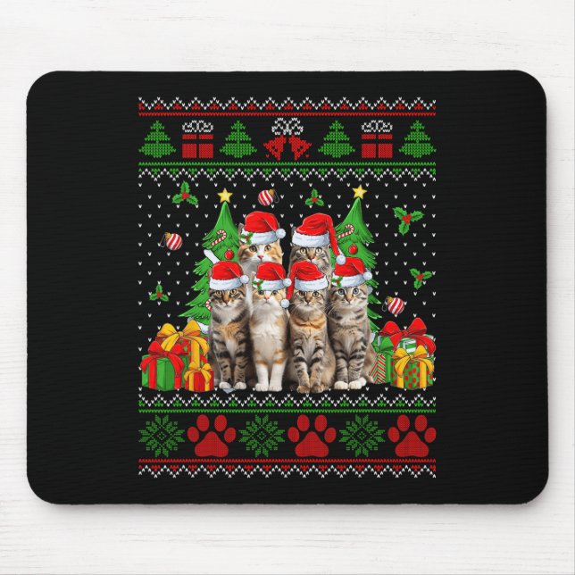 Funny Cats Santa Hat Christmas Tree Ugly Christmas Mouse Pad (Front)
