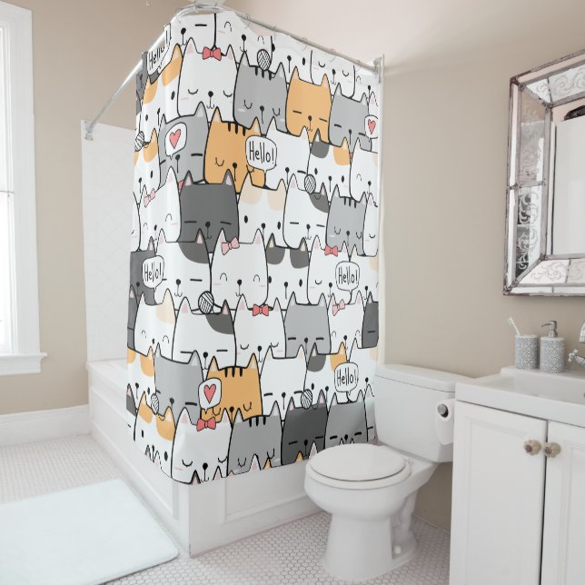 funny cats seamless pattern shower curtain (In Situ)