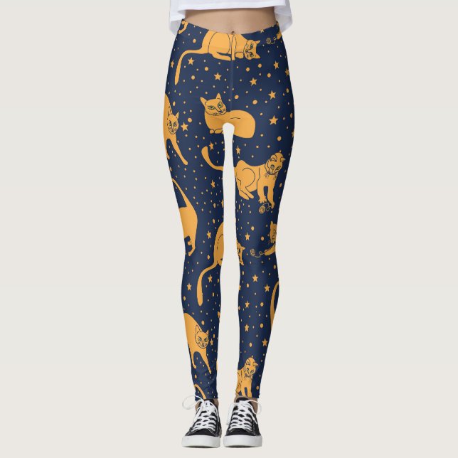 Funny cats, stars, space pattern. leggings (Front)