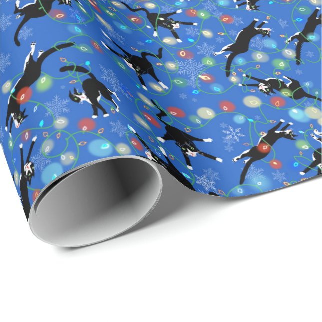 Funny Cats Tangle in Christmas Lights Wrapping Pap Wrapping Paper (Roll Corner)