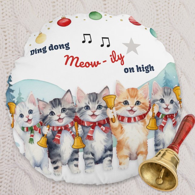 Funny Cats Watercolor Personalised Christmas Round Cushion (A round pillow with funny cartoon of cats playing their favorite Christmas carol on hand bells)