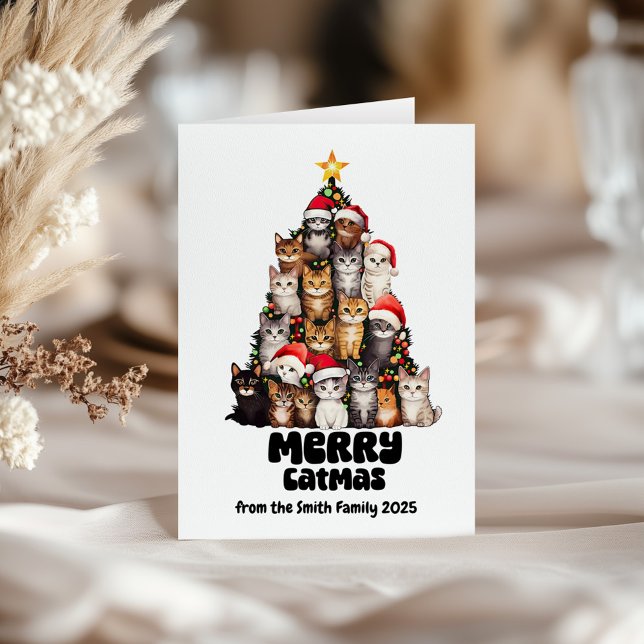 Funny Cats With Santa Hats Festive Tree Christmas Card (Creator Uploaded)