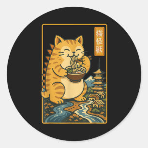 Funny Catzilla Anime Ramen Japanese Cat Men Women Classic Round Sticker