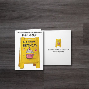 Funny Caution Birthday Card – Yellow Sign with Cup