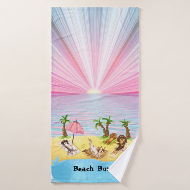 Funny Cavalier King Charles Spaniels at the Beach  Bath Towel (Bath Towel)