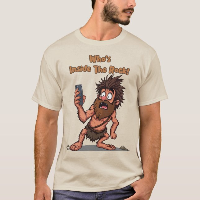 Funny Caveman – Stone Age Meets Modern Tech T-Shirt (Front)