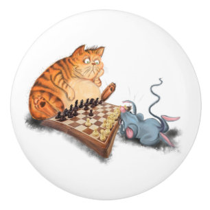 Funny Ceramic Knob Cat and Mouse Playing Chess