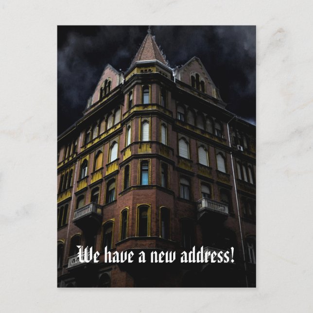 Funny change of address with haunted house announcement postcard (Front)