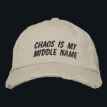 Funny Chaos Personality Sarcastic Relatable Humor Embroidered Hat<br><div class="desc">This distressed baseball cap features bold embroidered text that leans into messy energy, sarcastic self-awareness, and everyday chaos. The casual, worn-in style makes it an easy grab for errands, school drop-offs, rehearsals, travel days, or any moment when life feels delightfully unorganized. A great gift idea for parents, creatives, and anyone...</div>