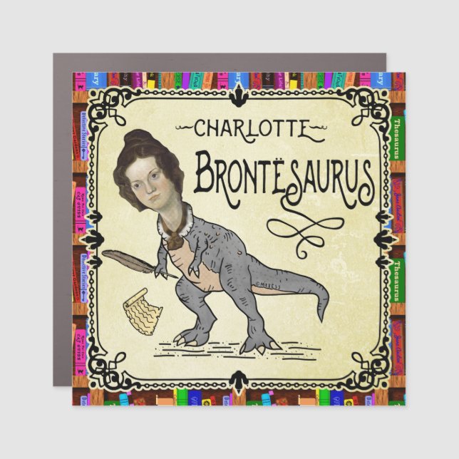 Funny Charlotte Bronte Saurus Dinosaur Book Reader Car Magnet (Front)