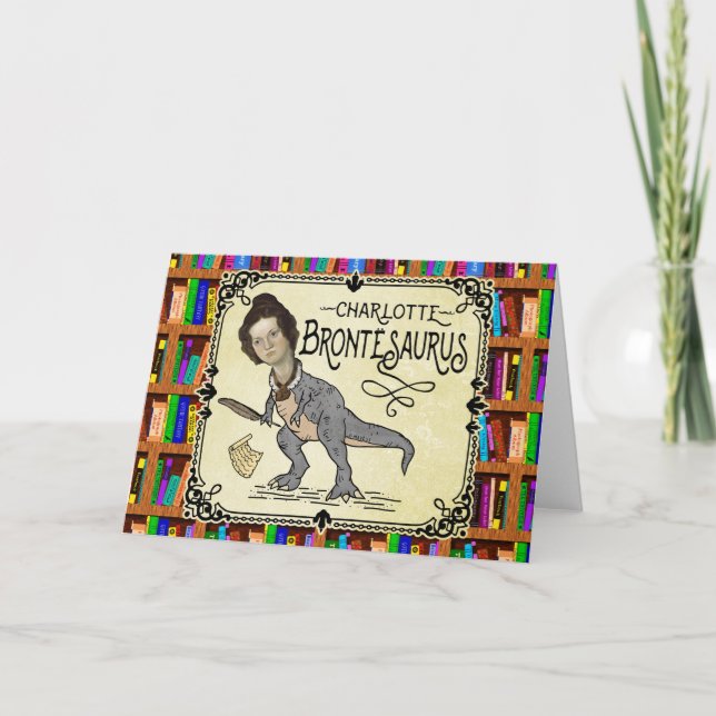 Funny Charlotte Bronte Saurus Dinosaur Book Reader Card (Front)