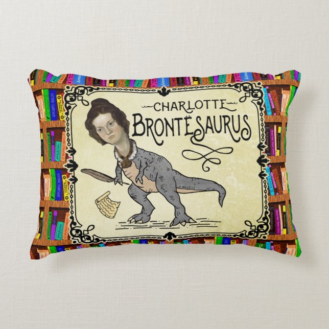 Funny Charlotte Bronte Saurus Dinosaur Book Reader Decorative Cushion (Front)