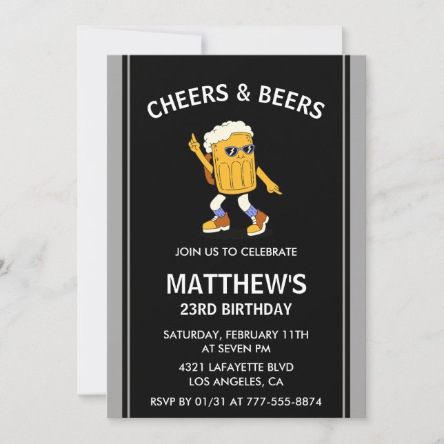 Funny Cheers and Beers 23rd birthday invitations (Front)