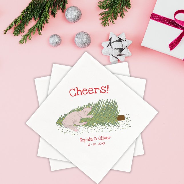 Funny Cheers White Cat vs Christmas Tree Holidays Napkin (Creator Uploaded)