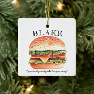 Funny Cheeseburger Burger Monogram Christmas Ceramic Ornament
