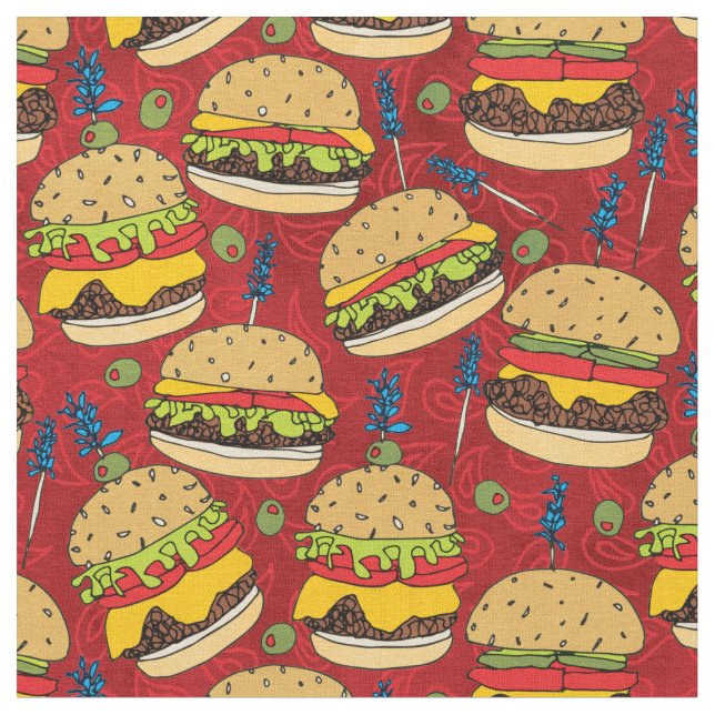 Funny Cheeseburger on Red Food Pattern Fabric (Close Up)