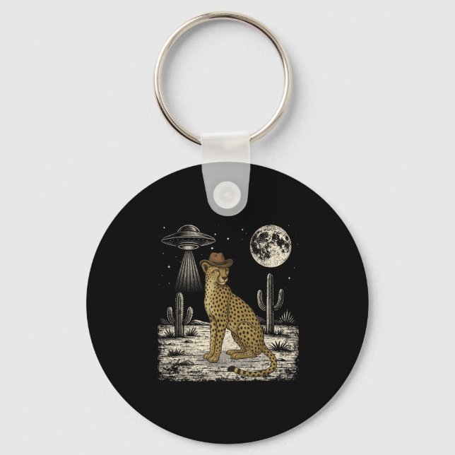 Funny Cheetah Cowboy Western Ufo Safari Animal  Key Ring (Front)