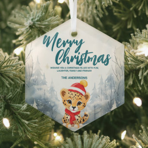 Funny Cheetah Merry Xmas tree snow Holiday party Glass Tree Decoration