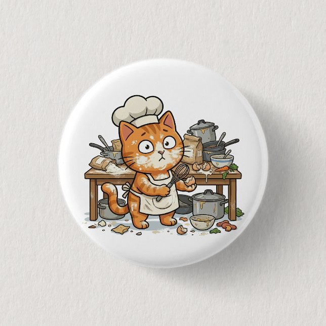 Funny Chef Cat Messy Kitchen Button (Front)