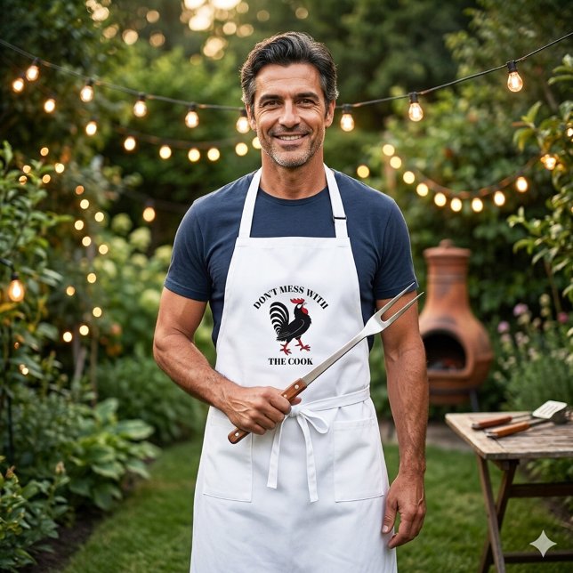 Funny Chef Cook Rooster Cartoon Apron (Portuguese rooster cartoon apron with a funny Don't mess with the cook text or custom text)