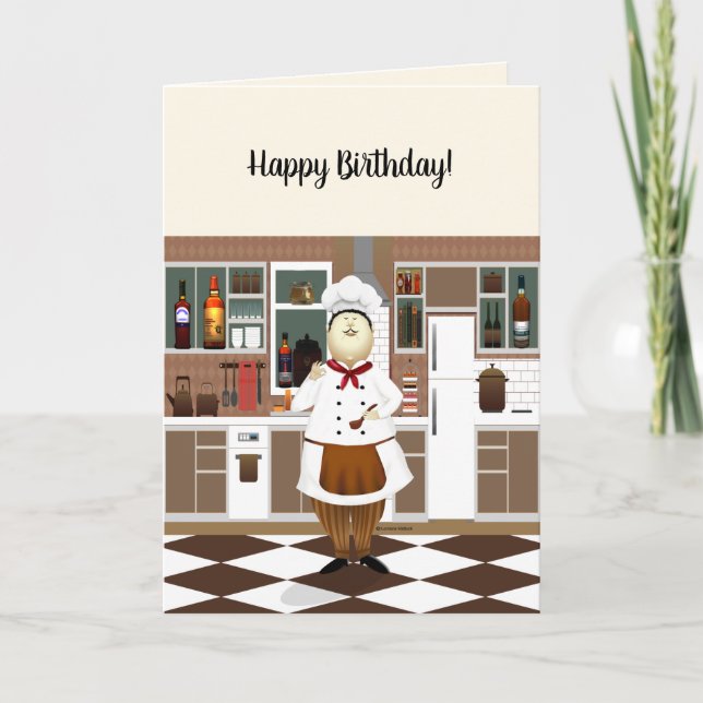 Funny Chef with Big Hat in Kitchen Happy Birthday Card (Front)