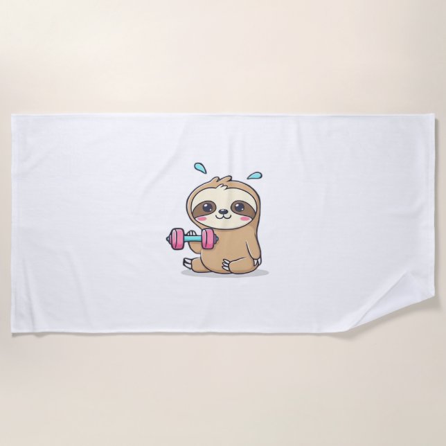 Funny Chibi Sloth Workout  Cute Kawaii Gym Cartoon Beach Towel (Front)