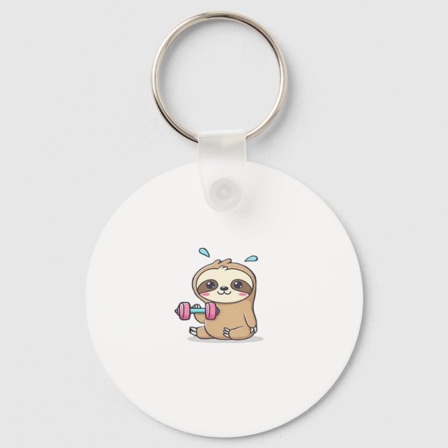 Funny Chibi Sloth Workout  Cute Kawaii Gym Cartoon Key Ring (Front)