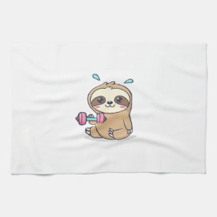 Funny Chibi Sloth Workout  Cute Kawaii Gym Cartoon Tea Towel