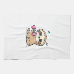 Funny Chibi Sloth Workout Cute Kawaii Gym Cartoon Tea Towel