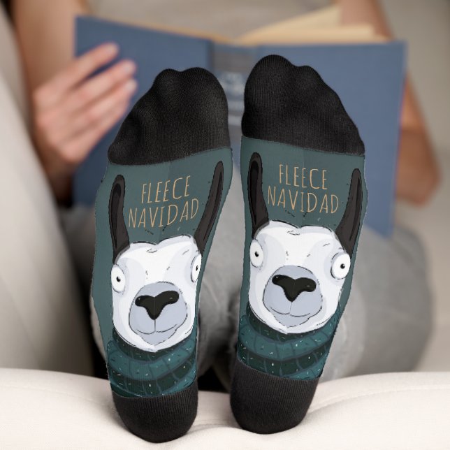 Funny Chic “Fleece Navidad” Llama Turquoise Grey Socks (Bottom)