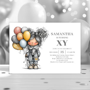 Funny Chic Girl Birthday Black Gold Sketch invite