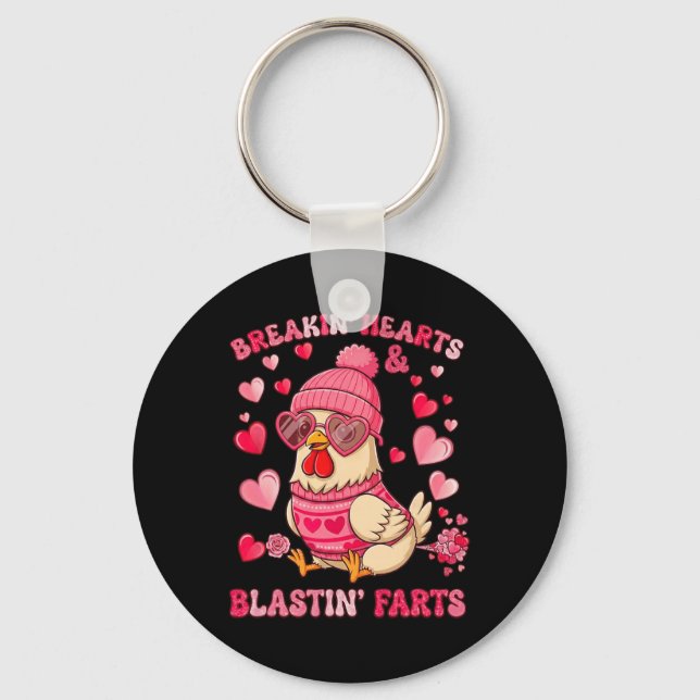 Funny Chicken Breaking Hearts Blasting Farts Valen Key Ring (Front)