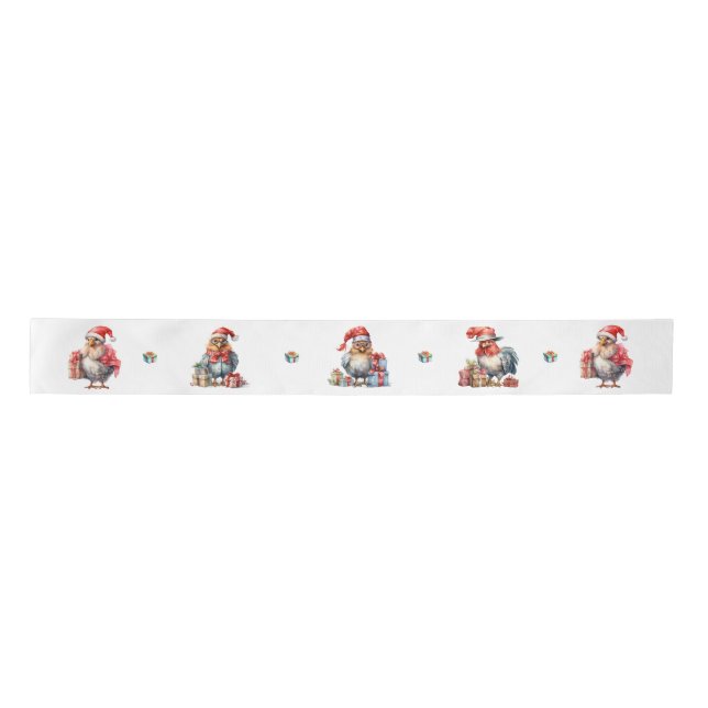 Funny Chicken Christmas Holiday Shoppers White Satin Ribbon (Front)