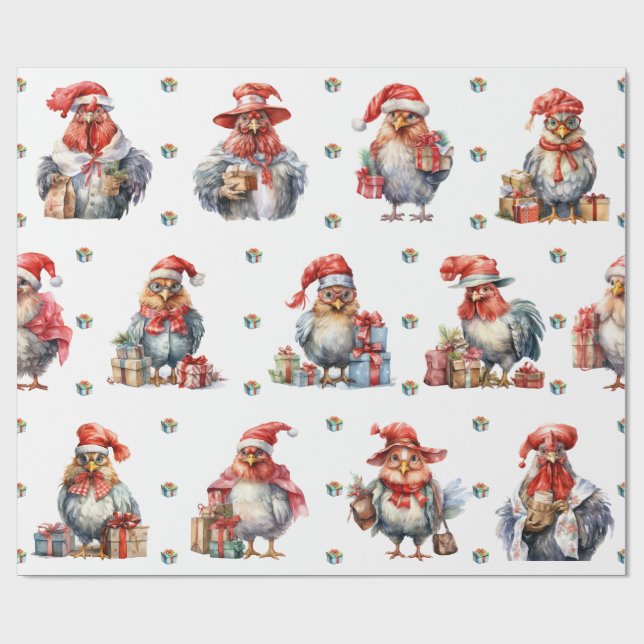 Funny Chicken Christmas Holiday Shoppers White Wrapping Paper (Flat)