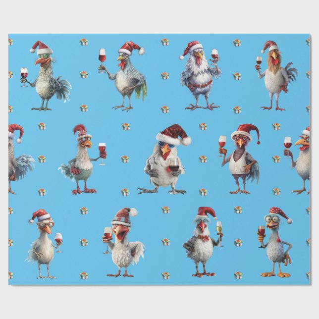 Funny Chicken Christmas Holiday Wine Party Blue Wrapping Paper (Flat)